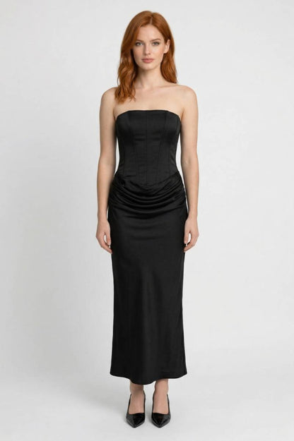 Robe Maxi Femme - Bandeau Longue avec Drapé Taille | Sophistiquée - Noir
