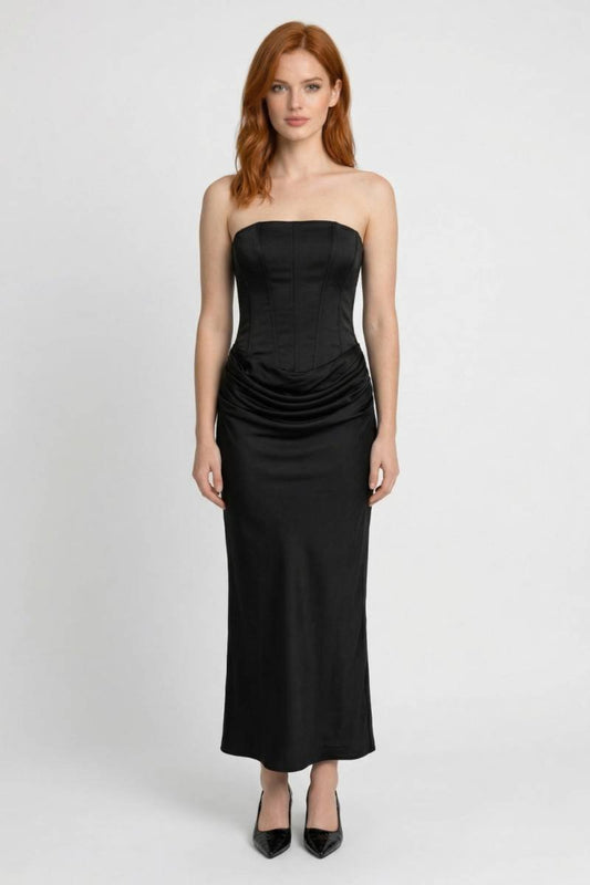 Robe Maxi Femme - Bandeau Longue avec Drapé Taille | Sophistiquée - Noir