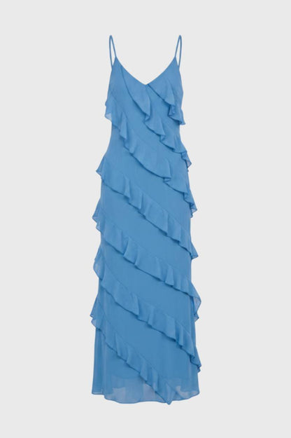 Robe maxi Femme - Bretelles Volants Étagés | Romantique — Bleu