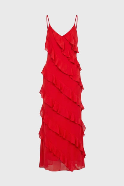 Robe maxi Femme - Bretelles Volants Étagés | Romantique — Rouge