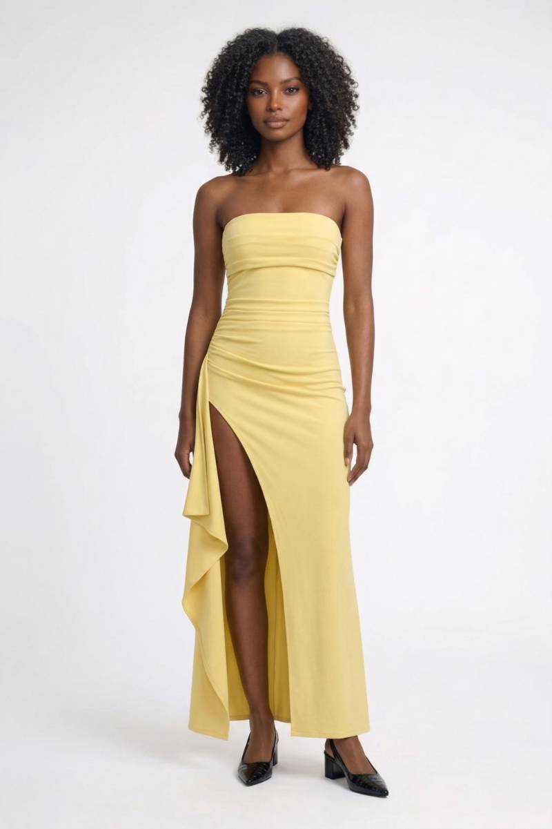 Robe Maxi Femme - Bustier Fendue avec Volant | Élégante - Jaune