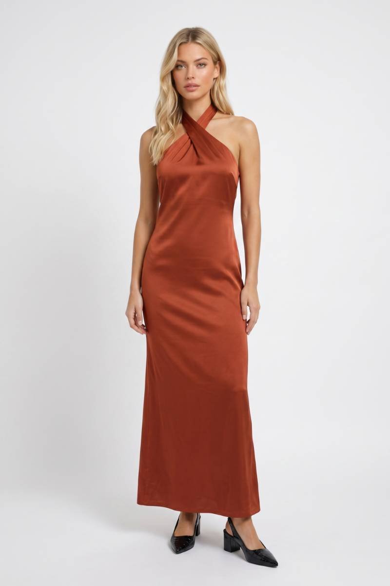 Robe Maxi Femme - Col Halter Croisé Coupe Ajustée | Élégante — Terracotta
