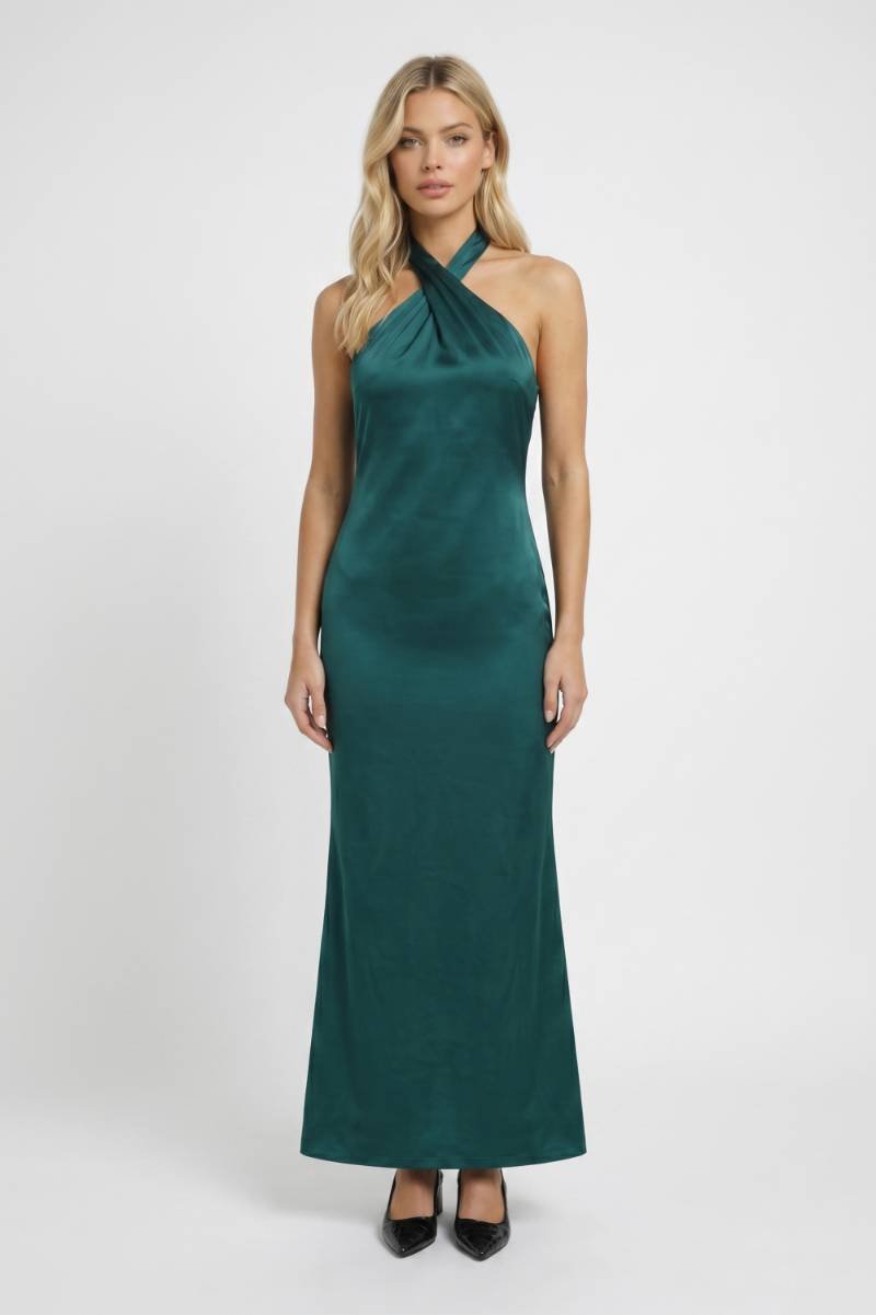 Robe Maxi Femme - Col Halter Croisé Coupe Ajustée | Élégante — Vert Foncé