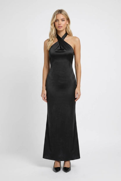 Robe Maxi Femme - Col Halter Croisé Coupe Ajustée | Élégante — Noir