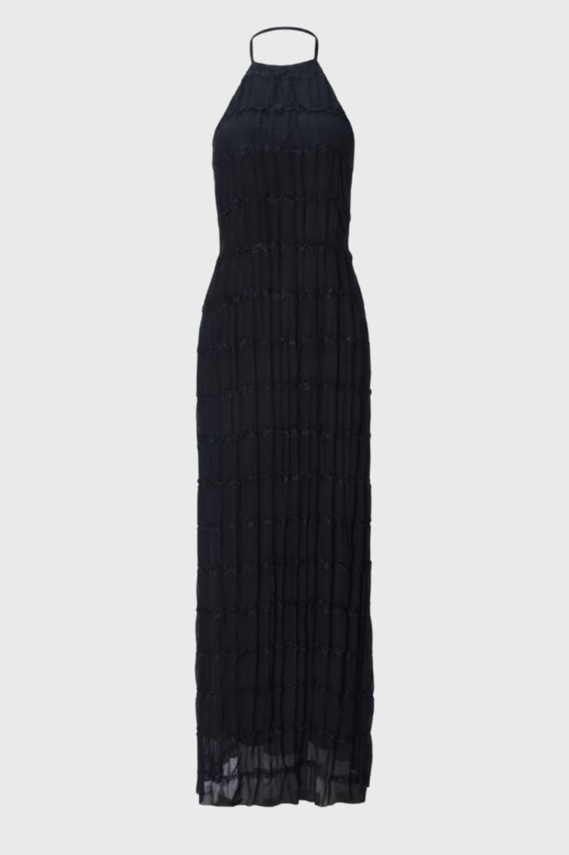 Robe Maxi Femme - Col Halter Plissée Volants | Bohème — Noir