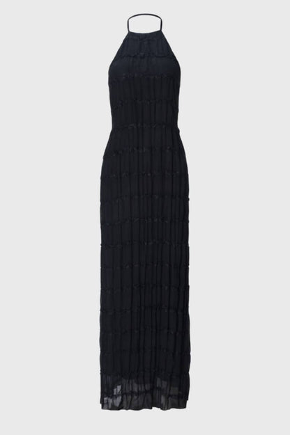 Robe Maxi Femme - Col Halter Plissée Volants | Bohème — Noir