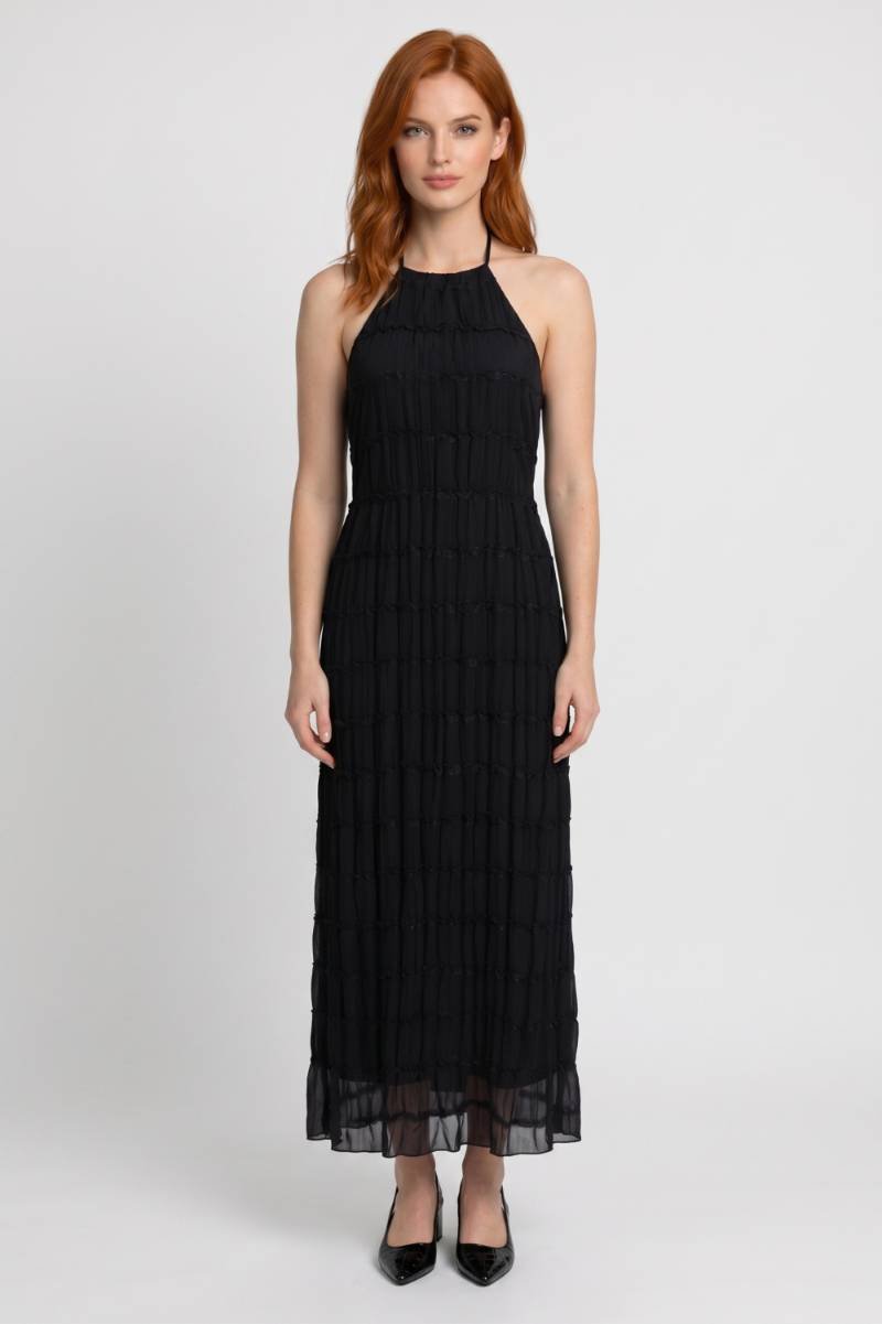 Robe Maxi Femme - Col Halter Plissée Volants | Bohème — Noir