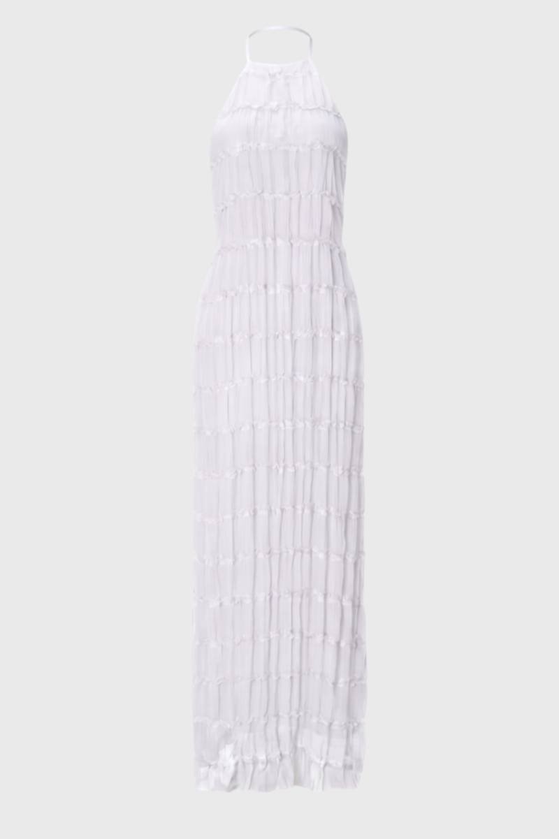 Robe Maxi Femme - Col Halter Plissée Volants | Bohème — Blanc