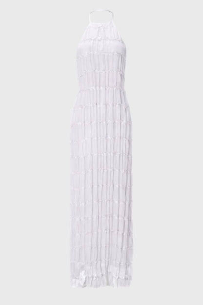 Robe Maxi Femme - Col Halter Plissée Volants | Bohème — Blanc