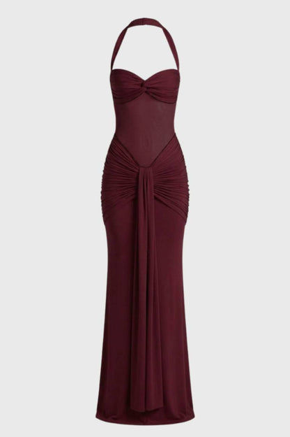 Robe Maxi Femme - Dos Nu Bustier avec Bretelles Tour de Cou | Élégant - Bordeaux