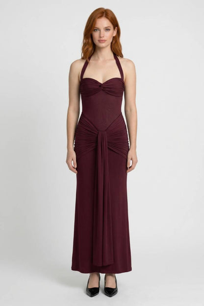 Robe Maxi Femme - Dos Nu Bustier avec Bretelles Tour de Cou | Élégant - Bordeaux