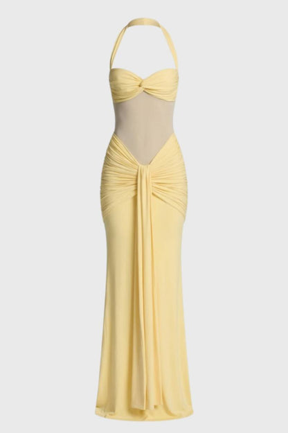 Robe Maxi Femme - Dos Nu Bustier avec Bretelles Tour de Cou | Élégant - Jaune