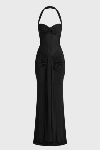 Robe Maxi Femme - Dos Nu Bustier avec Bretelles Tour de Cou | Élégant - Noir