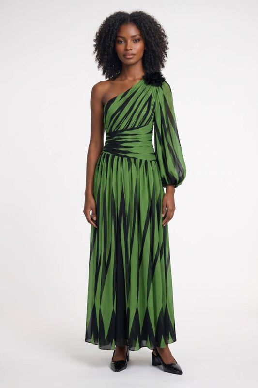 Robe Maxi Femme - Épaule Dénudée avec Motif Géométrique | Chic — Vert