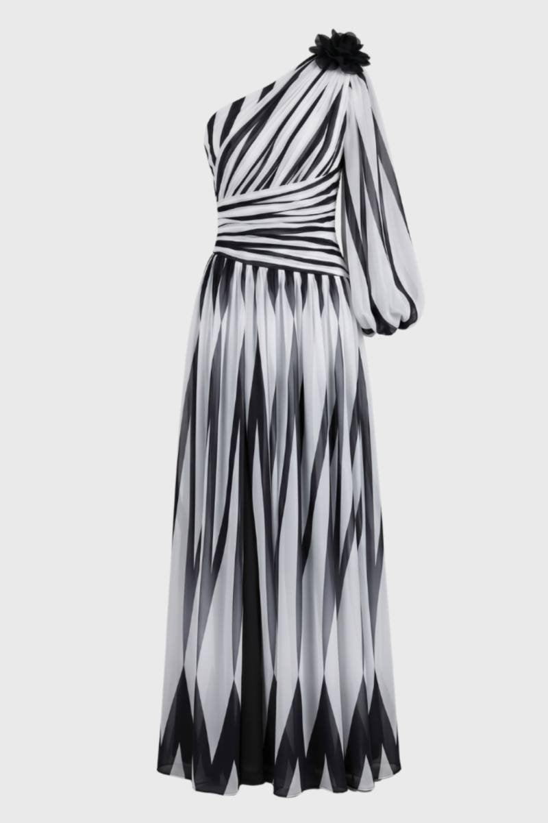 Robe Maxi Femme - Épaule Dénudée avec Motif Géométrique | Chic — Blanc