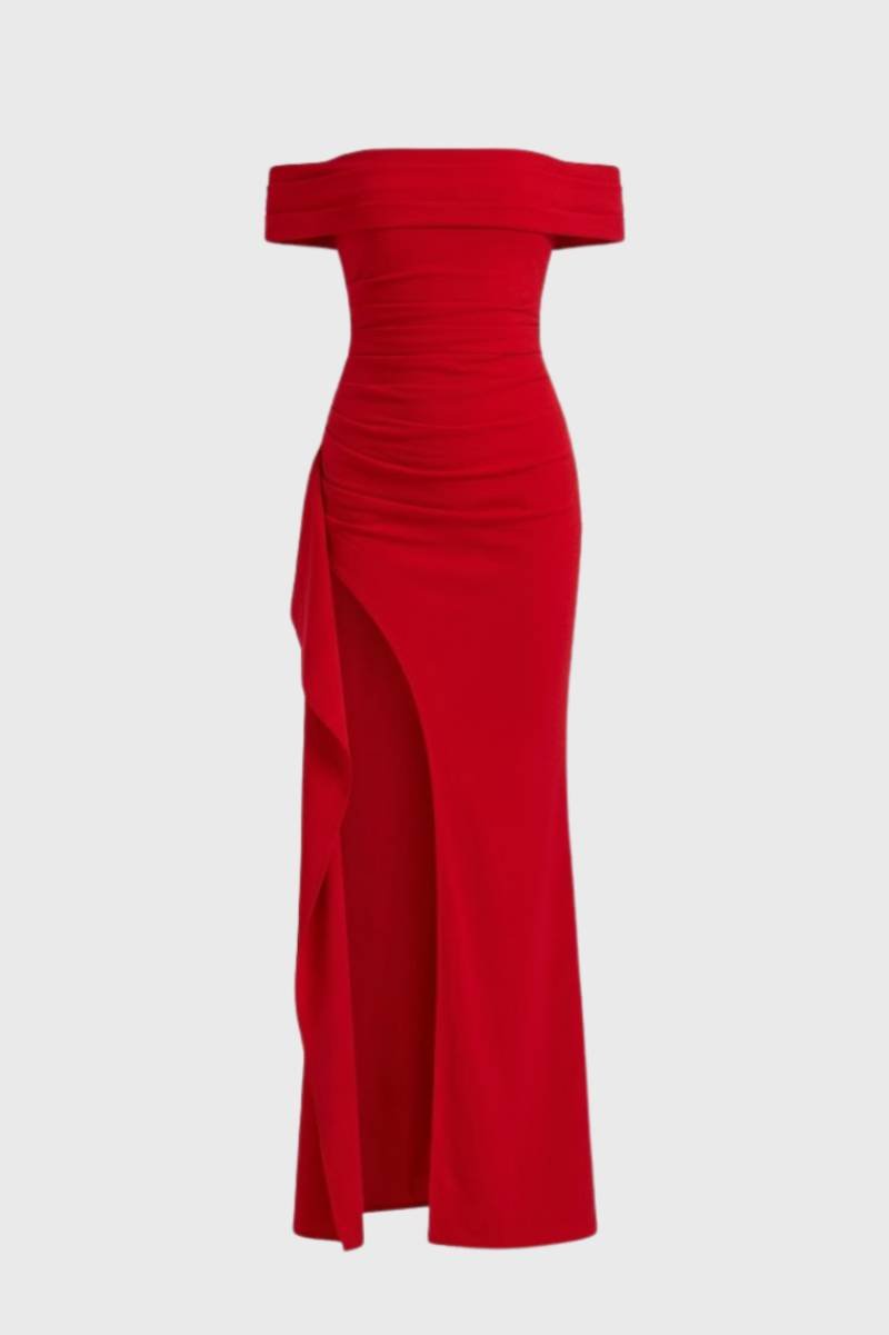 Robe Maxi Femme - Épaules Dénudées avec Fente | Élégante — Rouge