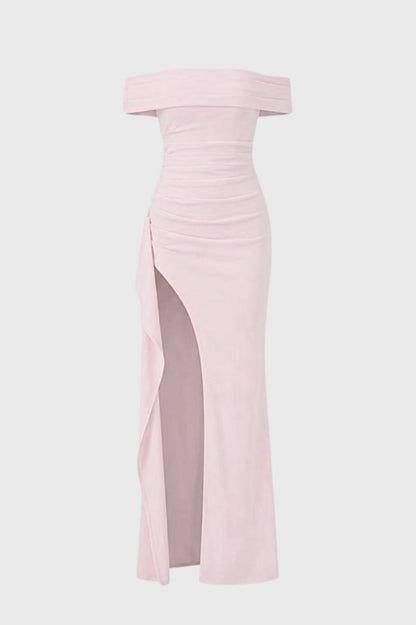 Robe Maxi Femme - Épaules Dénudées avec Fente | Élégante — Rose Clair