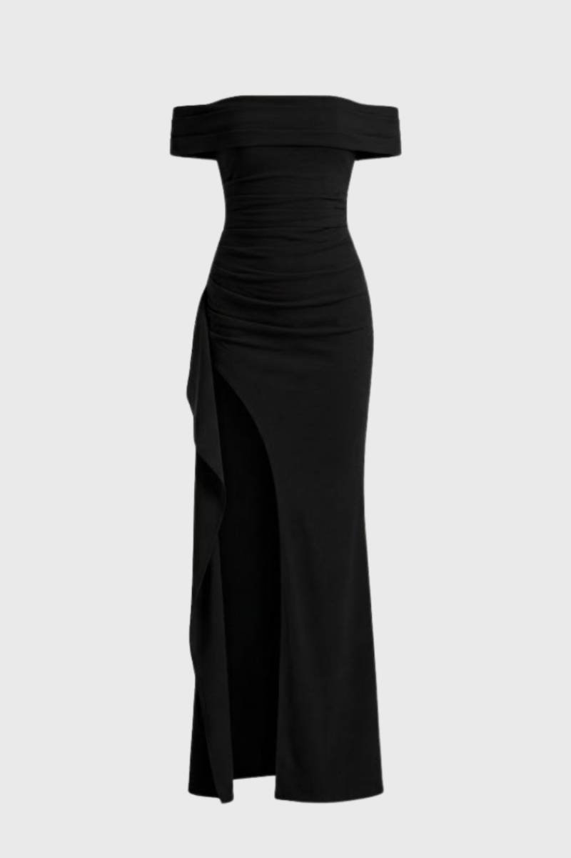 Robe Maxi Femme - Épaules Dénudées avec Fente | Élégante — Noir