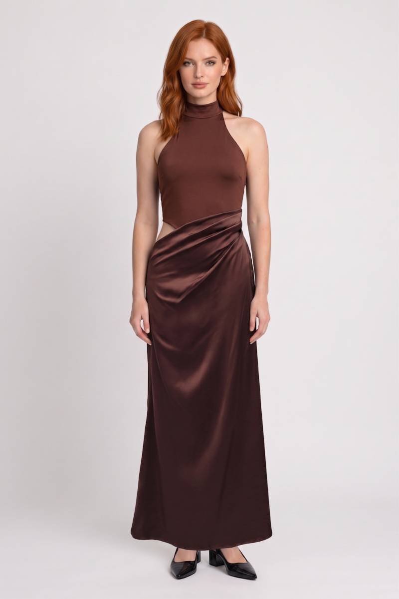 Robe maxi Femme - Halter Drapée Col Montant | Soirée