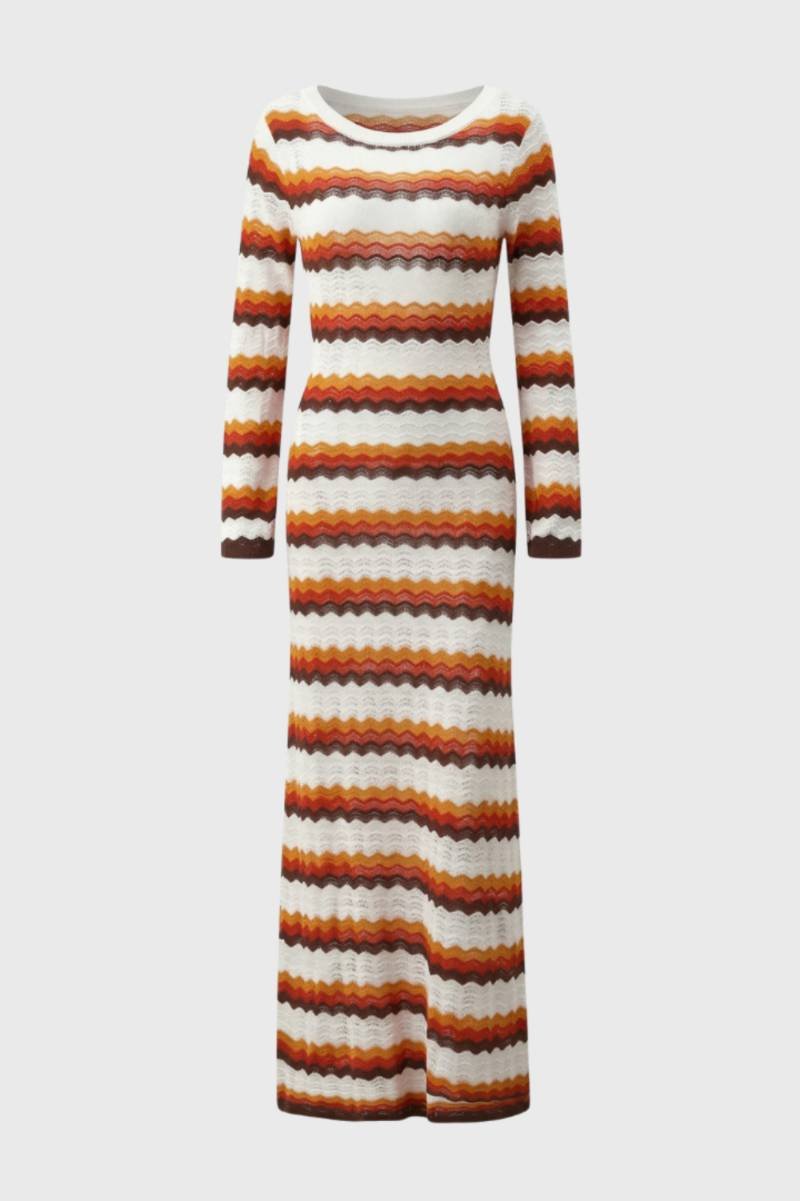 Robe Maxi Femme - Rayée avec Manches Longues | Vintage — Rayé Orange Marron