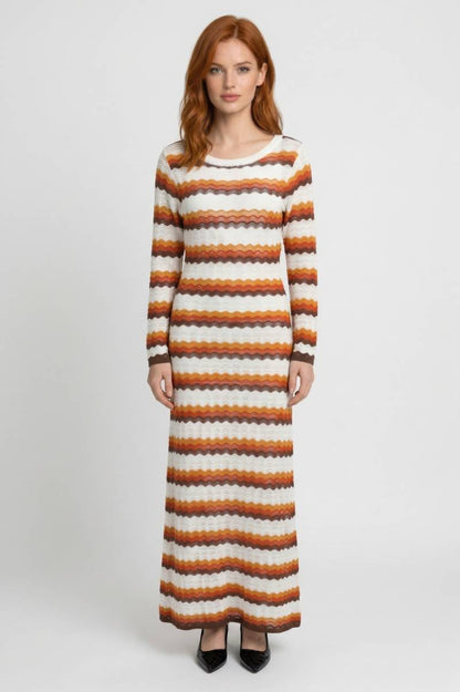 Robe Maxi Femme - Rayée avec Manches Longues | Vintage — Rayé Orange Marron