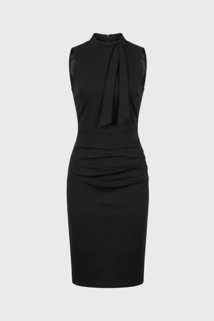 Robe Midi Femme - Ajustée Col Haut avec Détail Nœud | Élégant — Noir
