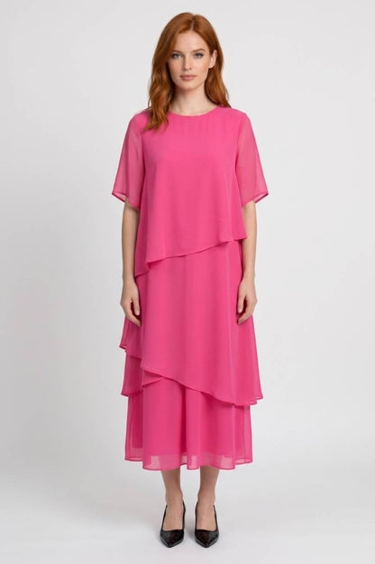 Robe Midi Femme - Asymétrique Volants Étagés | Élégant — Rose Vif
