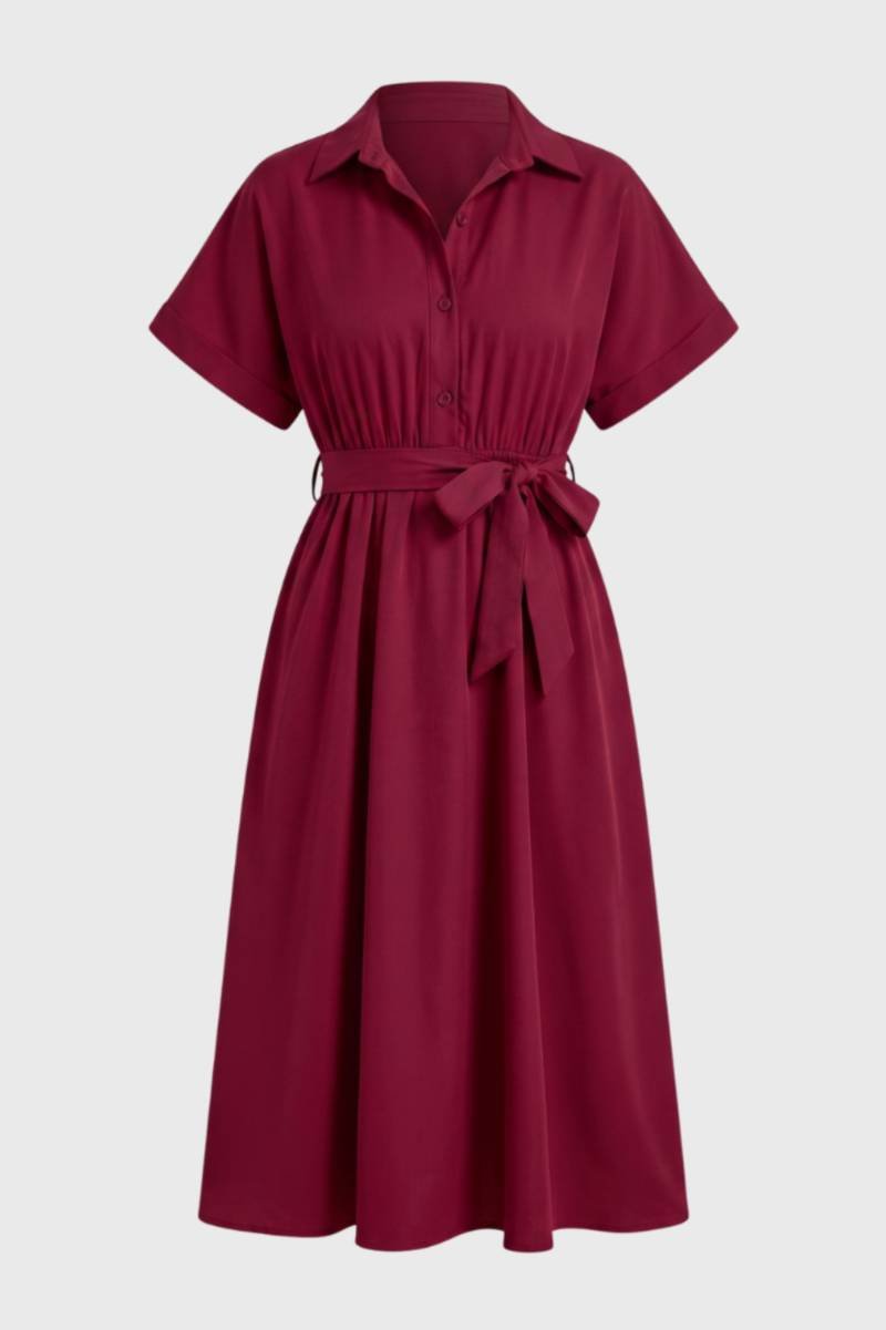 Robe Midi Femme - Boutonnée Manches Courtes Ceinture | Chic — Bordeaux