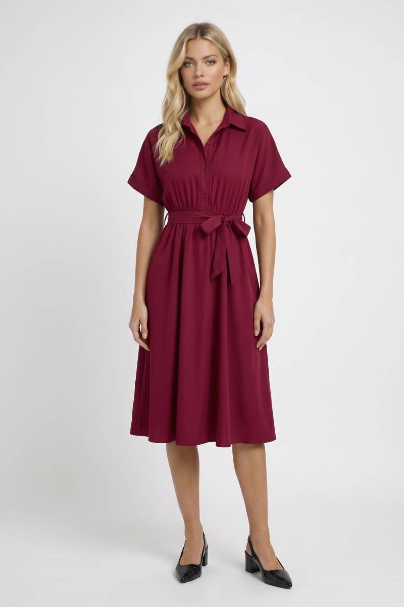 Robe Midi Femme - Boutonnée Manches Courtes Ceinture | Chic — Bordeaux