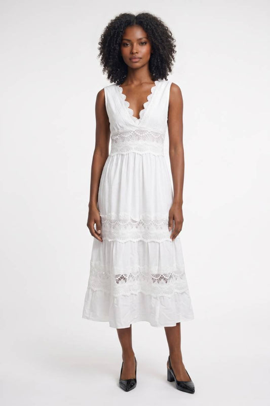 Robe Midi Femme - Broderie Anglaise Col V Profond | Bohème — Blanc