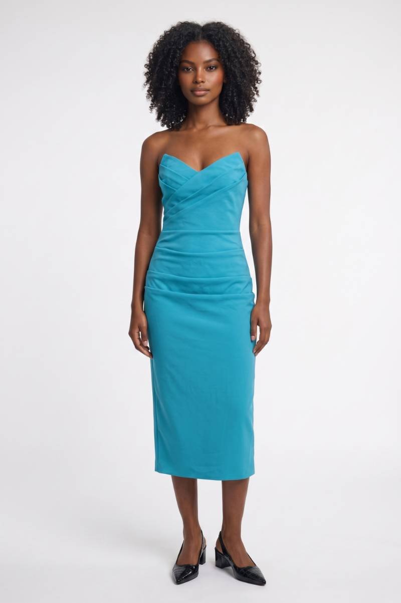 Robe midi Femme - Bustier Drapé Col Cœur Ajustée | Raffinée — Turquoise