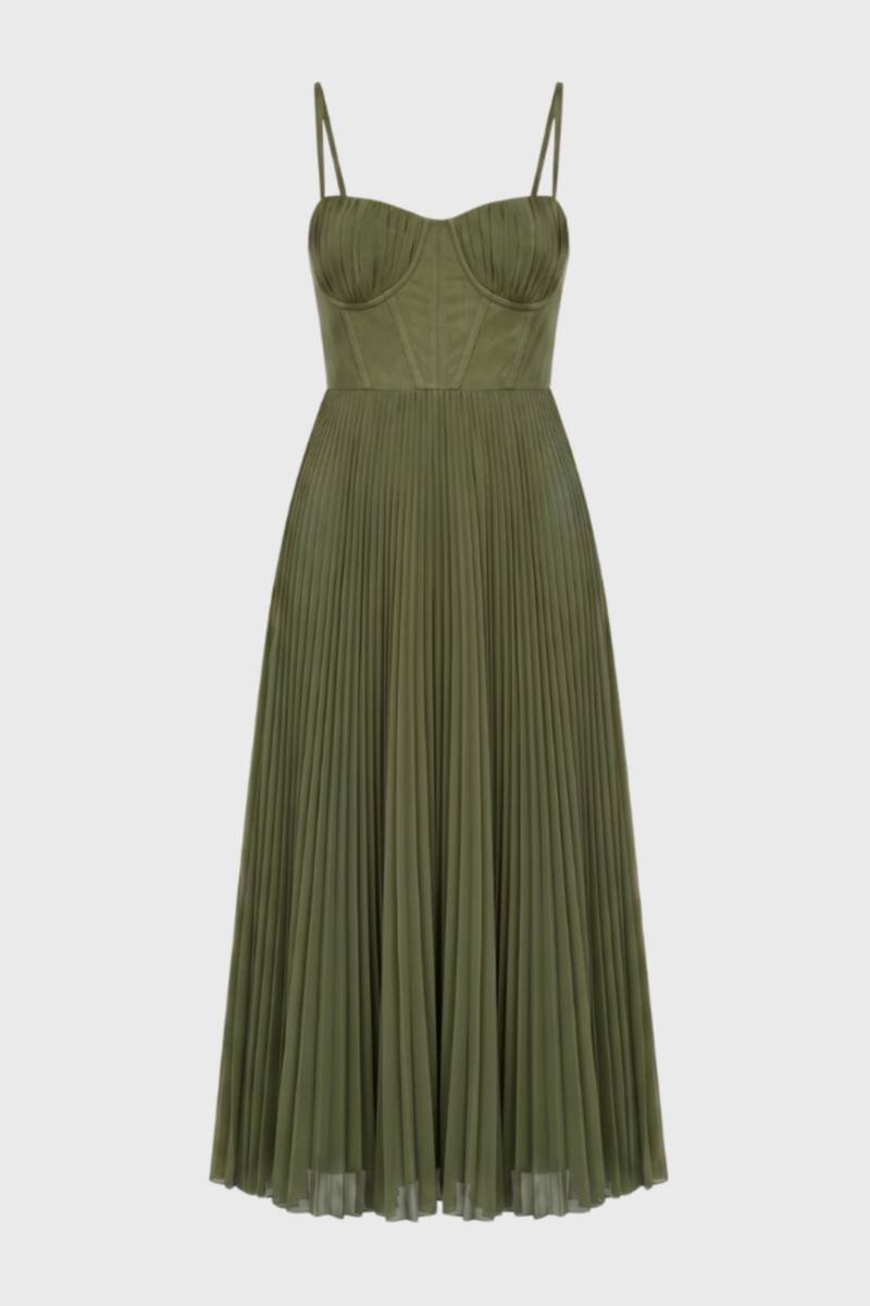 Robe Midi Femme - Bustier Plissée Bretelles Fines | Élégante — Olive