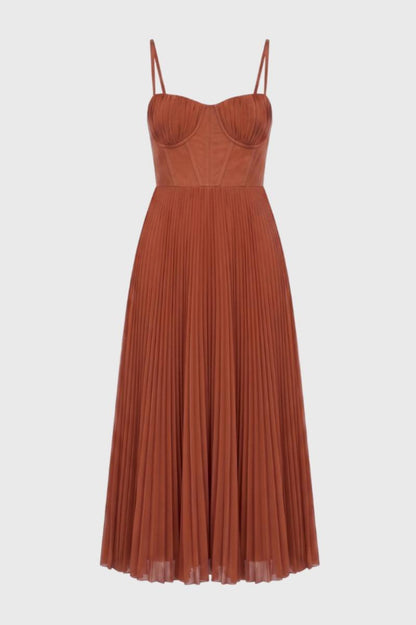 Robe Midi Femme - Bustier Plissée Bretelles Fines | Élégante — Terracotta