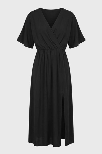 Robe midi Femme - Cache-Cœur Taille Élastique Fente | Décontractée — Noir