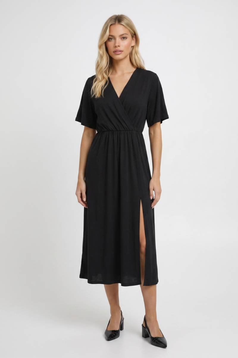 Robe midi Femme - Cache-Cœur Taille Élastique Fente | Décontractée — Noir