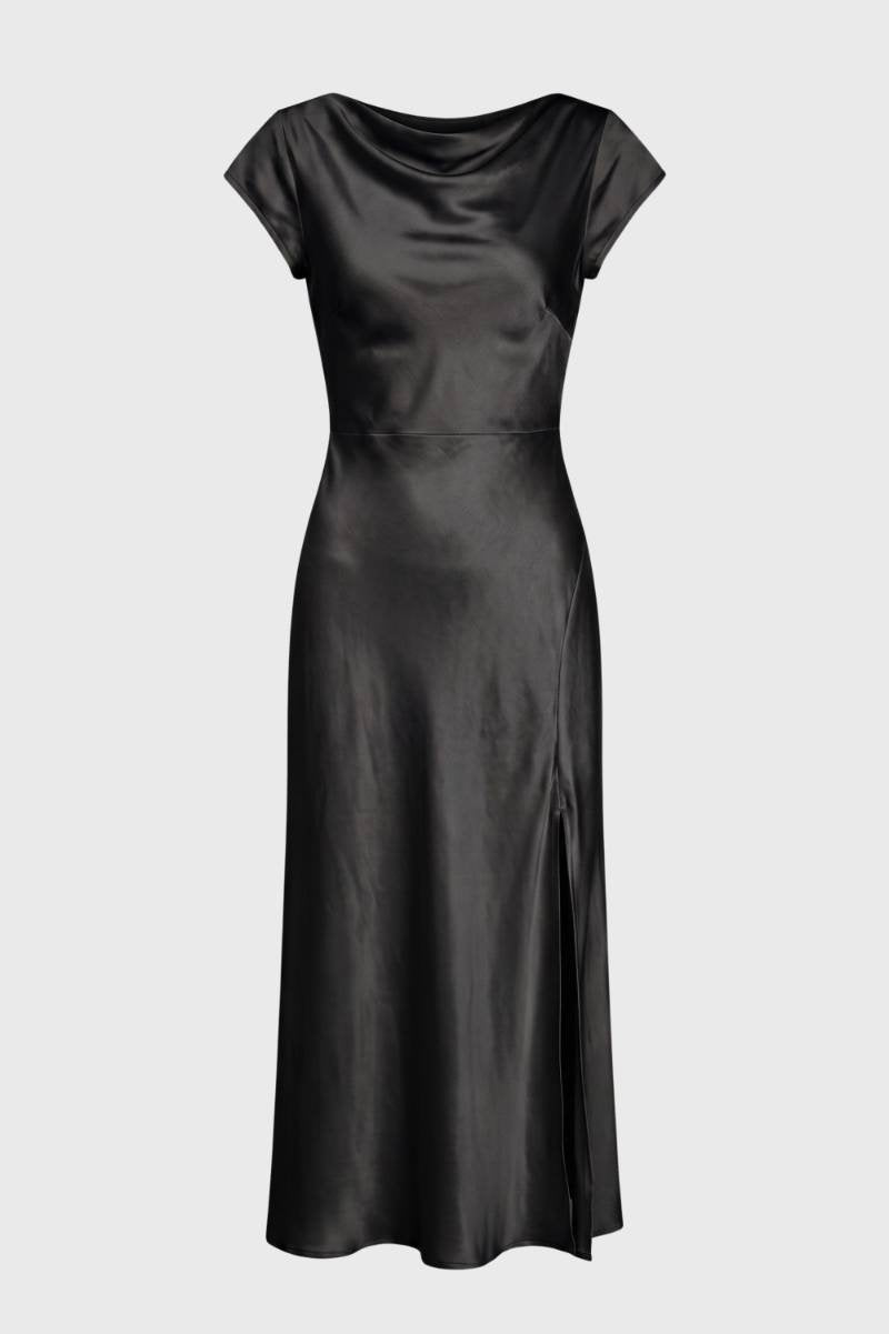 Robe midi Femme - Col Bénitier Dos Noué Fente Latérale | Chic — Noir