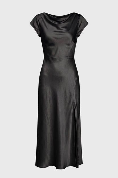 Robe midi Femme - Col Bénitier Dos Noué Fente Latérale | Chic — Noir
