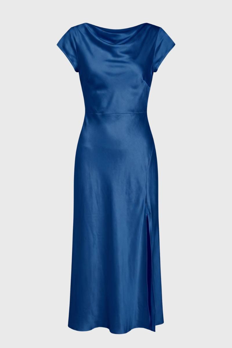 Robe midi Femme - Col Bénitier Dos Noué Fente Latérale | Chic — Bleu