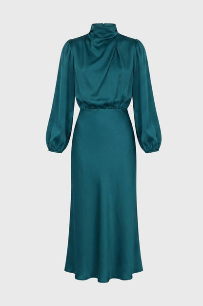 Robe midi Femme - Col Montant Manches Bouffantes | Élégant — Vert Canard