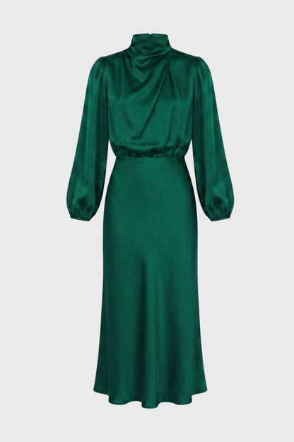 Robe midi Femme - Col Montant Manches Bouffantes | Élégant — Vert Émeraude