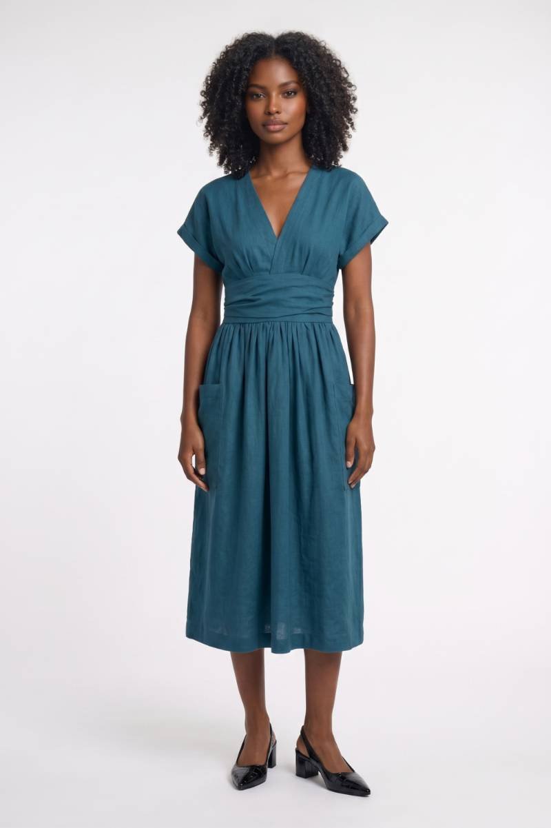 Robe midi Femme - Col V Ceinture Élastique Poches | Confort — Bleu Canard