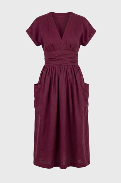 Robe midi Femme - Col V Ceinture Élastique Poches | Confort — Bordeaux