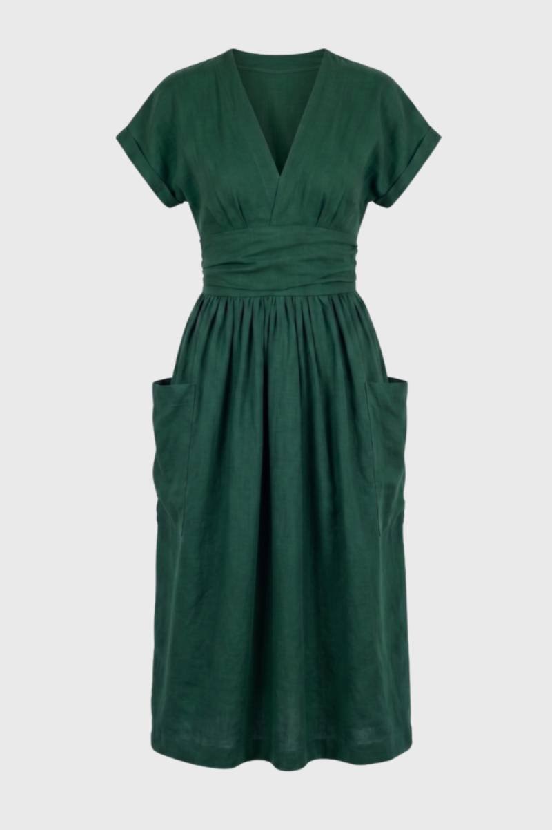 Robe midi Femme - Col V Ceinture Élastique Poches | Confort — Vert Foncé