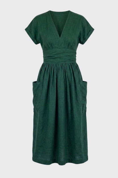 Robe midi Femme - Col V Ceinture Élastique Poches | Confort — Vert Foncé