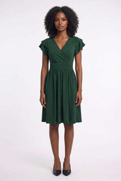 Robe midi Femme - Col V Croisé Manches Volantées | Élégante — Vert Foncé
