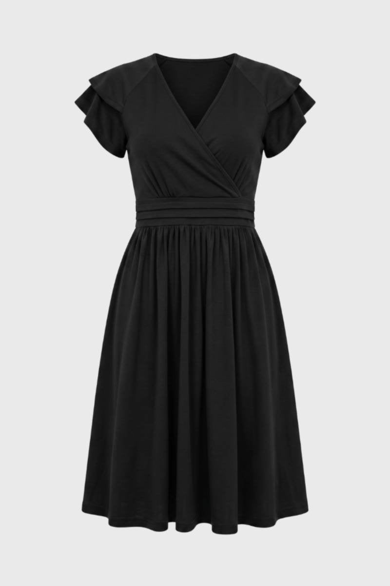 Robe midi Femme - Col V Croisé Manches Volantées | Élégante — Noir