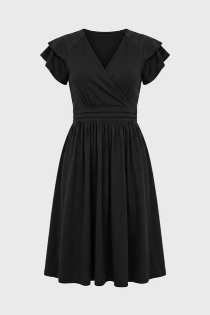 Robe midi Femme - Col V Croisé Manches Volantées | Élégante — Noir