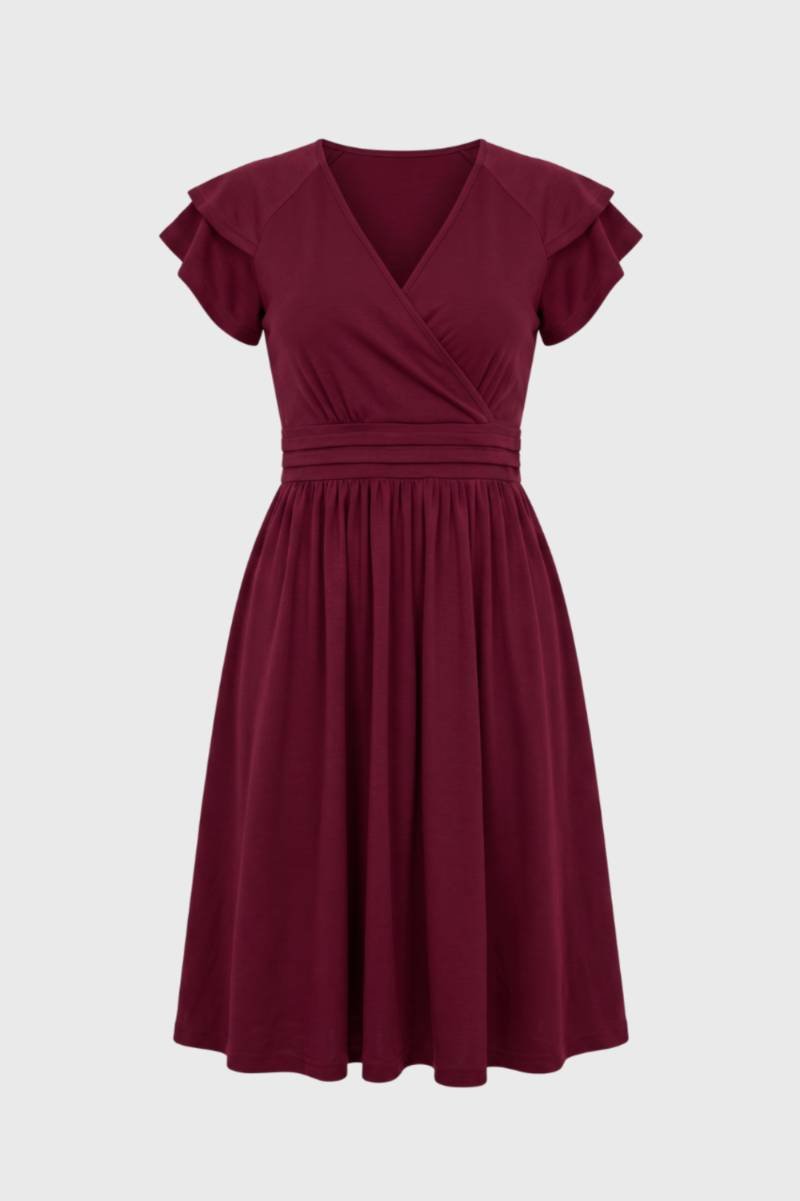 Robe midi Femme - Col V Croisé Manches Volantées | Élégante — Bordeaux