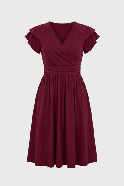 Robe midi Femme - Col V Croisé Manches Volantées | Élégante — Bordeaux
