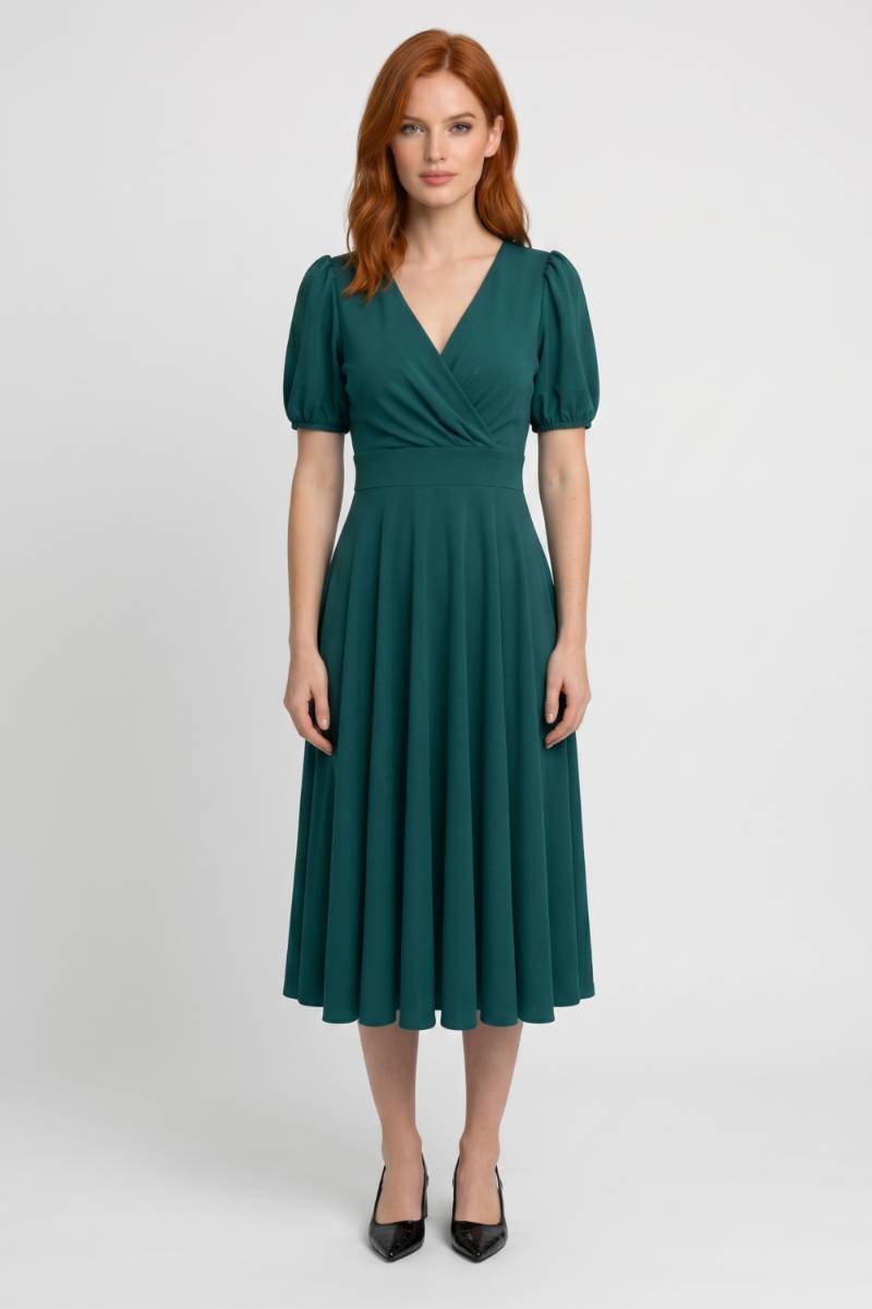 Robe Midi Femme - Col V Manches Bouffantes Coupe Portefeuille | Rétro — Vert
